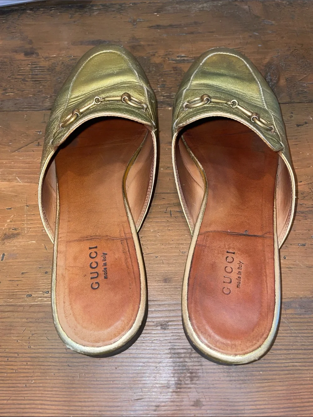 Gucci Metallic Gold Leather Slip-On Horsebit Mules